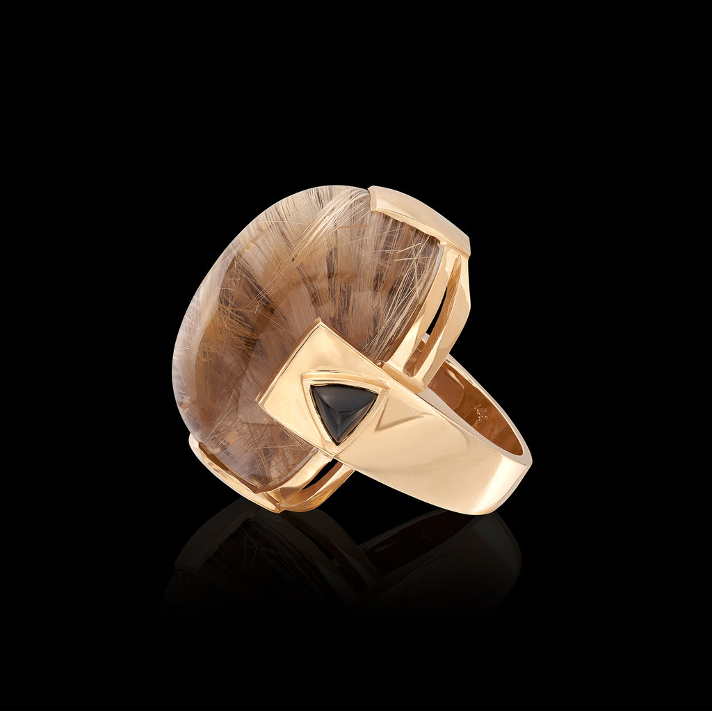 18k Yellow Gold Rutilated Quartz & Onyx Ring