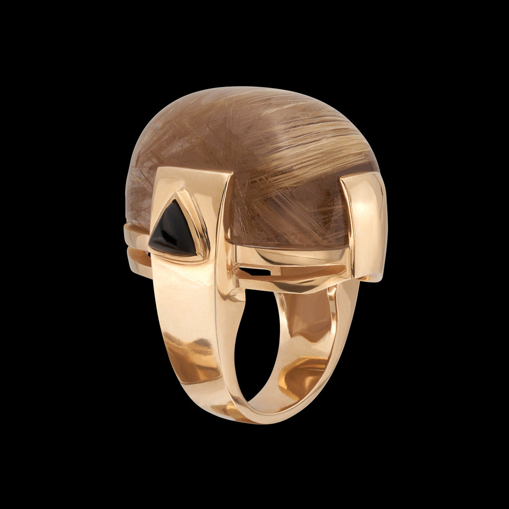 18k Yellow Gold Rutilated Quartz & Onyx Ring