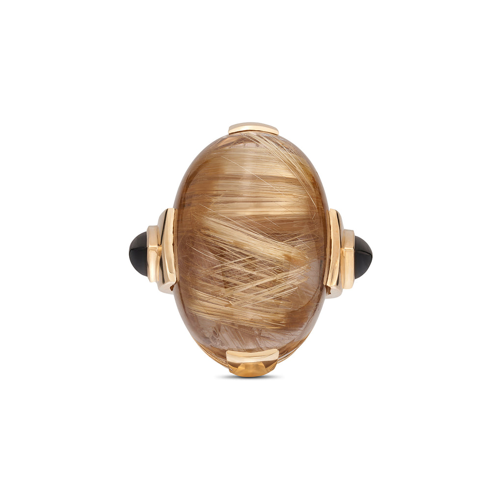 18k Yellow Gold Rutilated Quartz & Onyx Ring