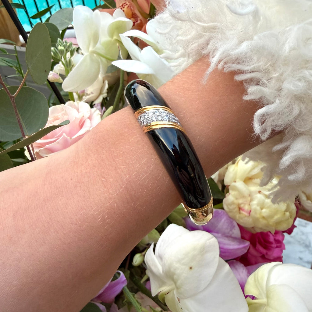 Trio 18k Yellow Gold Onyx & Diamond Cuff Bracelet