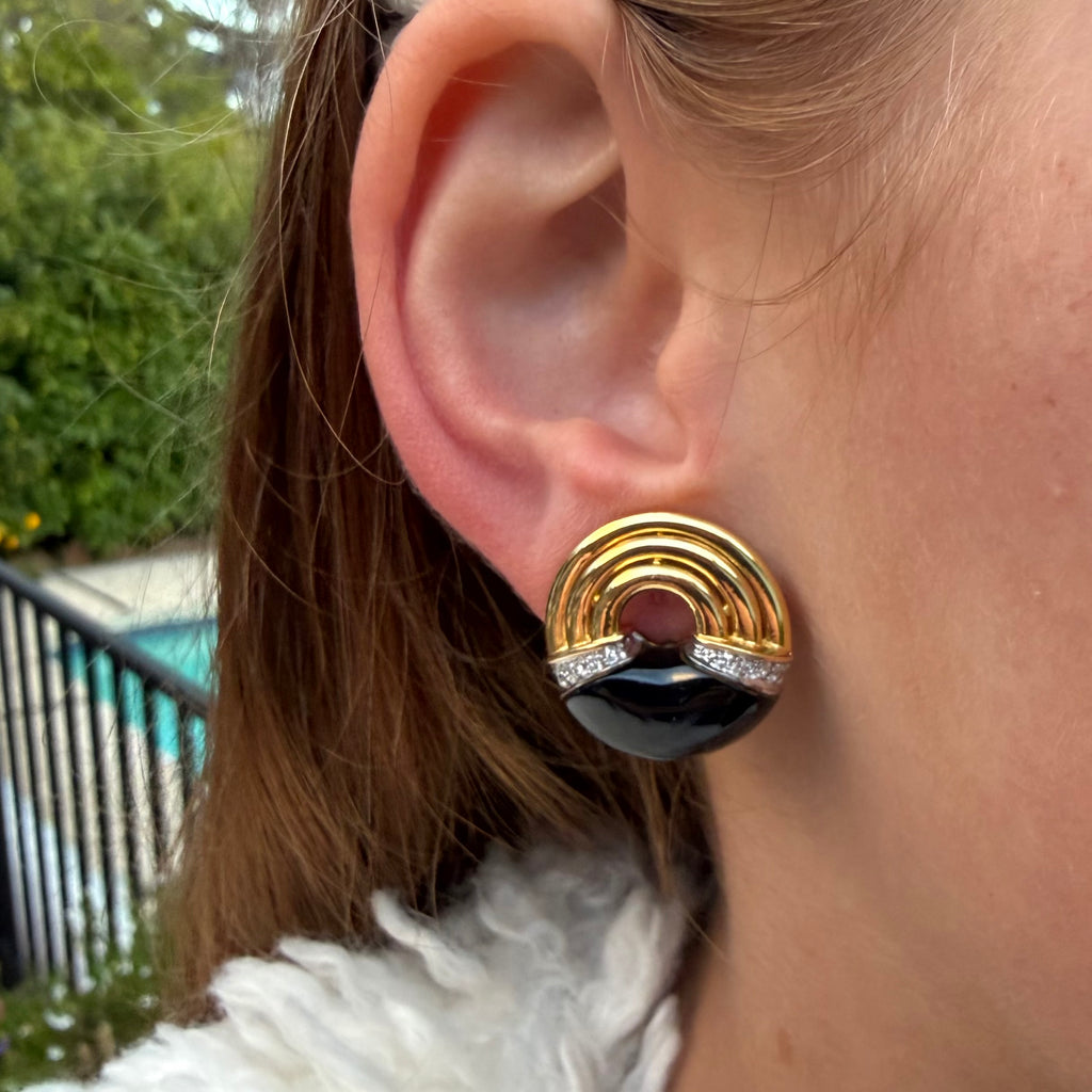 18k Yellow Gold, Onyx & Diamond Clip Earrings