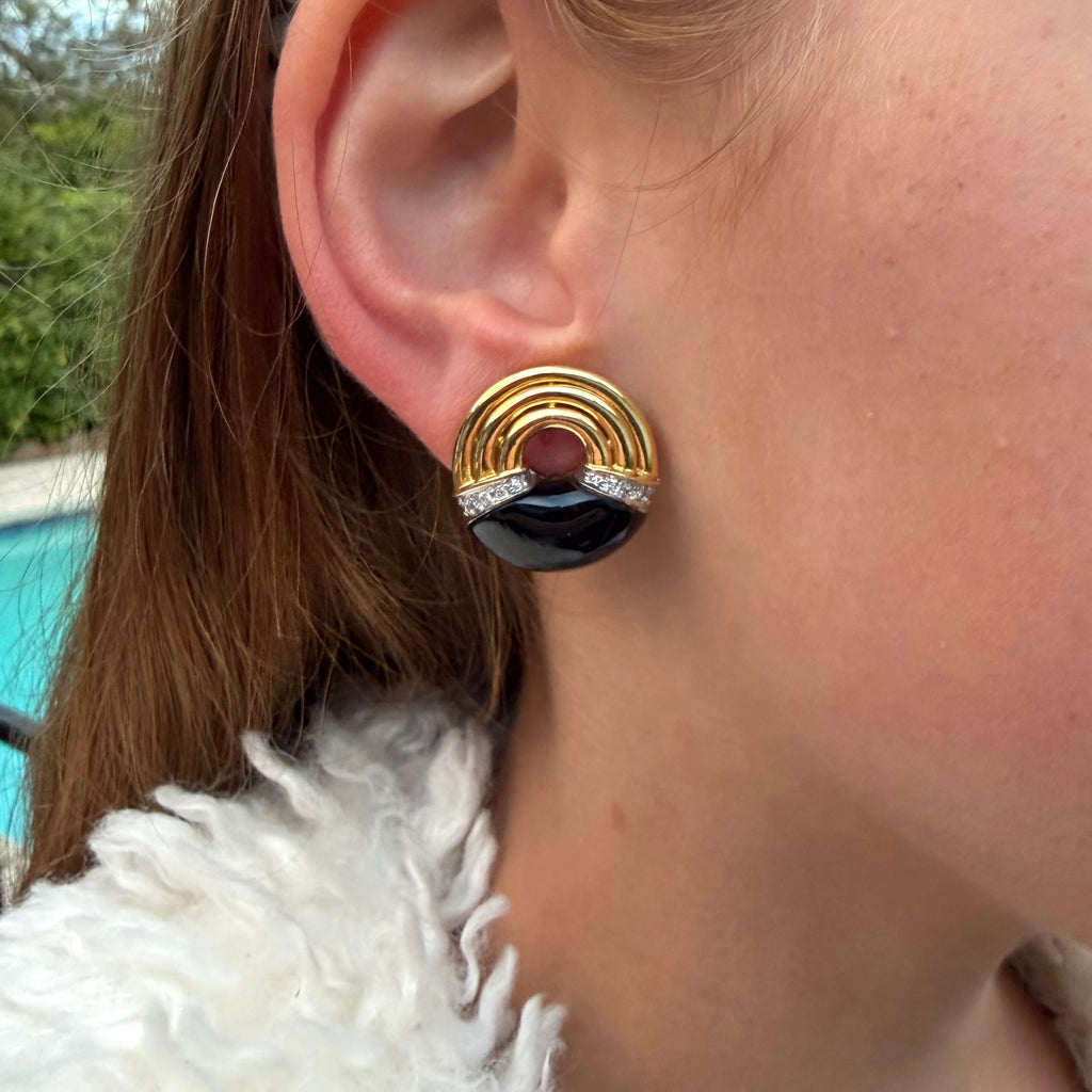 18k Yellow Gold, Onyx & Diamond Clip Earrings