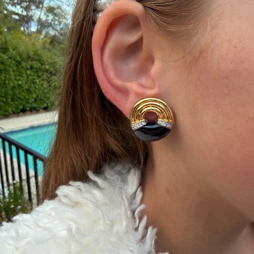 18k Yellow Gold, Onyx & Diamond Clip Earrings