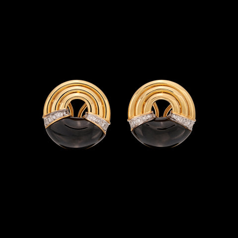 18k Yellow Gold, Onyx & Diamond Clip Earrings