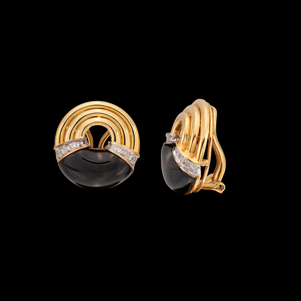 18k Yellow Gold, Onyx & Diamond Clip Earrings