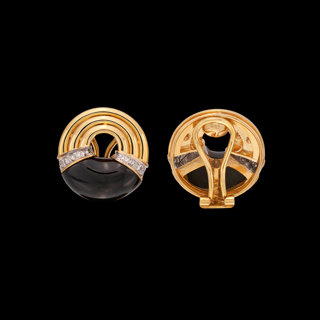 18k Yellow Gold, Onyx & Diamond Clip Earrings