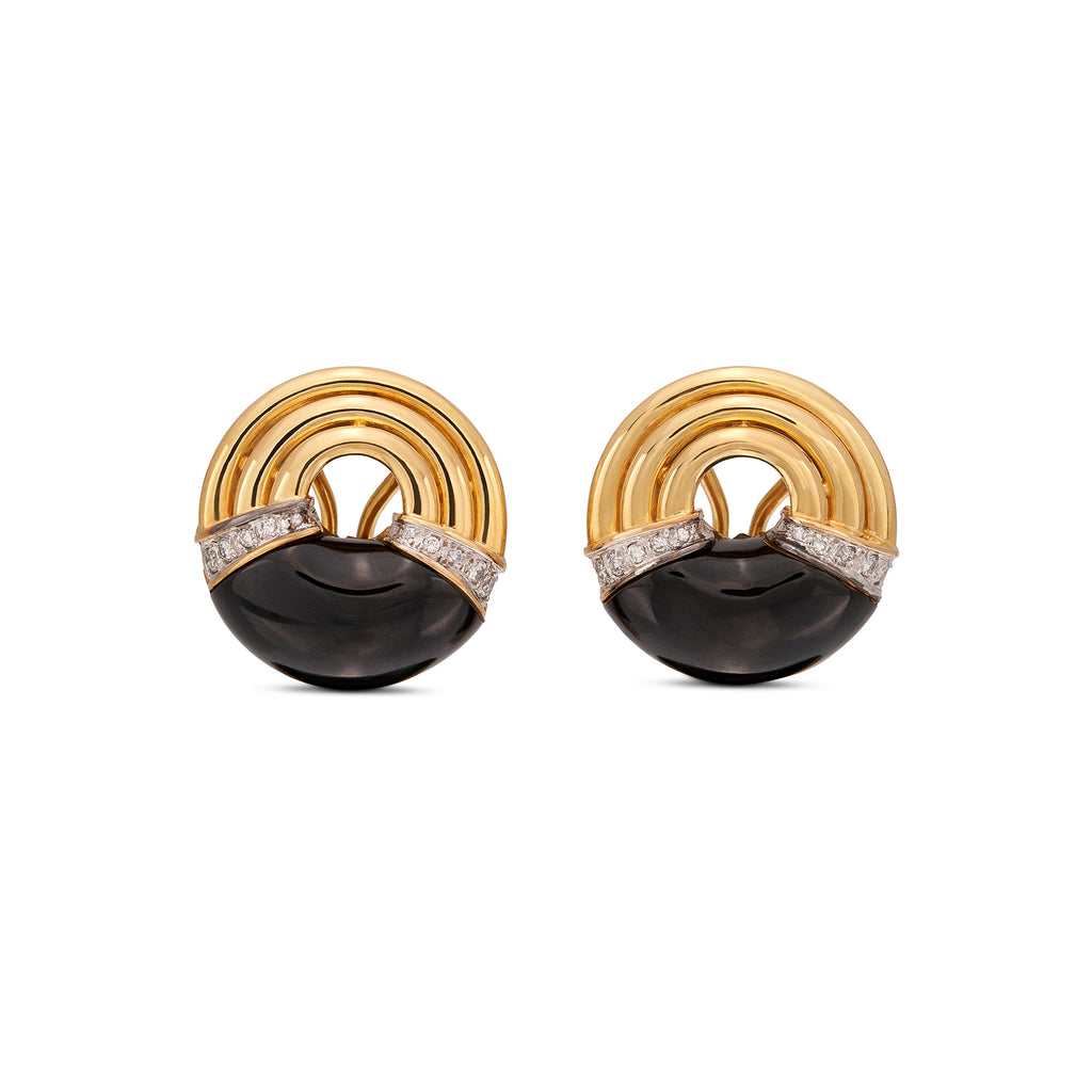 18k Yellow Gold, Onyx & Diamond Clip Earrings