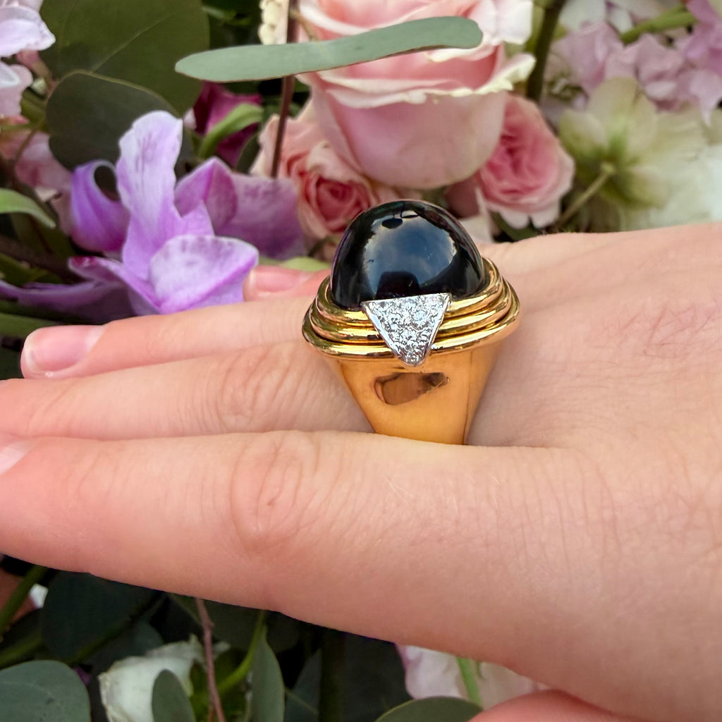 Trio 18k Yellow Gold, Onyx & Diamond Ring