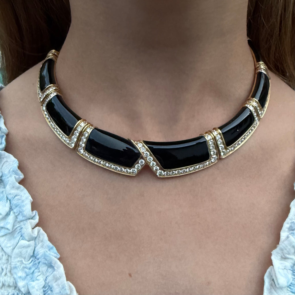 Bold 18k Yellow Gold Onyx & Diamond Choker