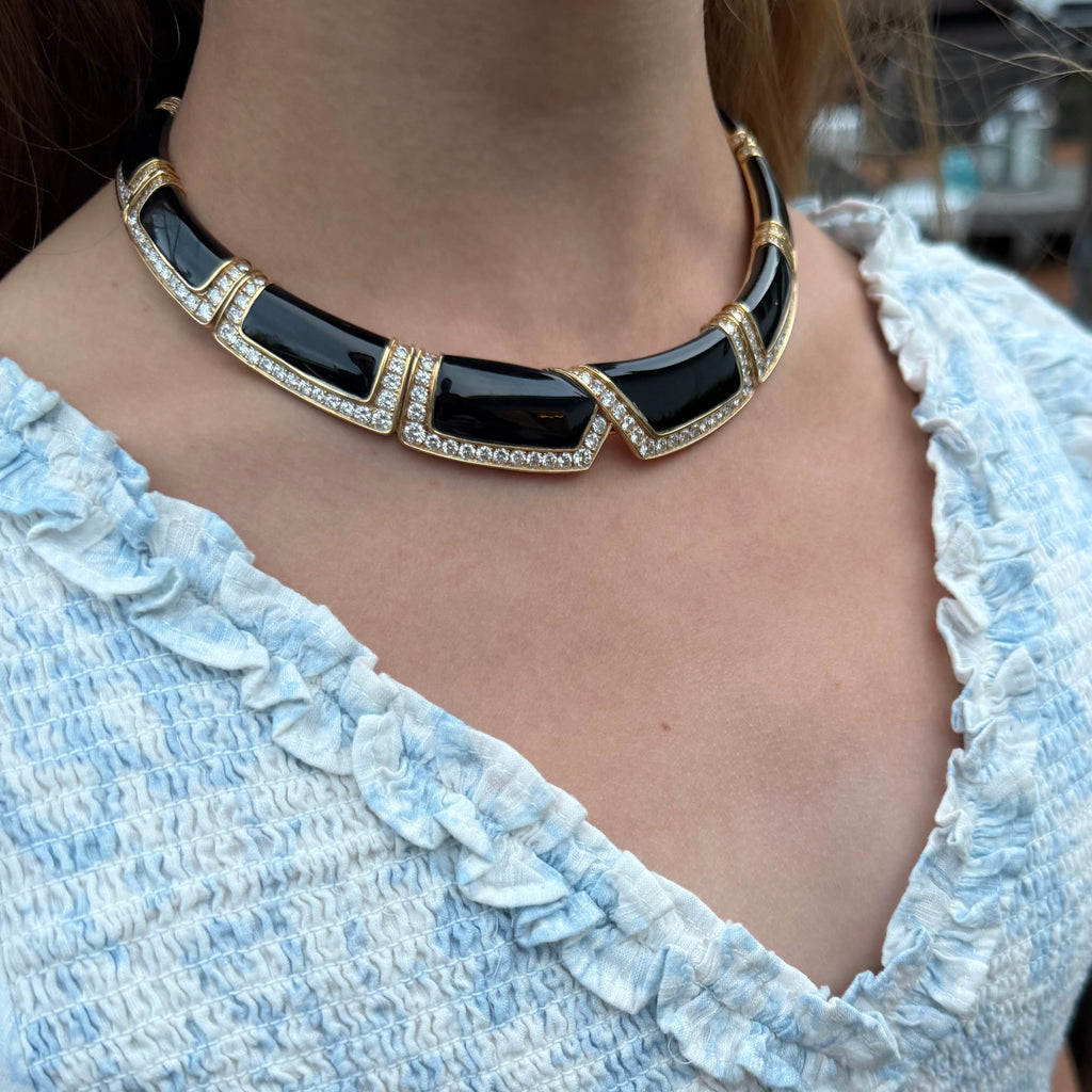 Bold 18k Yellow Gold Onyx & Diamond Choker