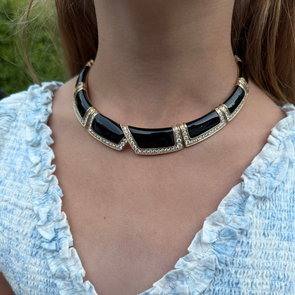 Bold 18k Yellow Gold Onyx & Diamond Choker