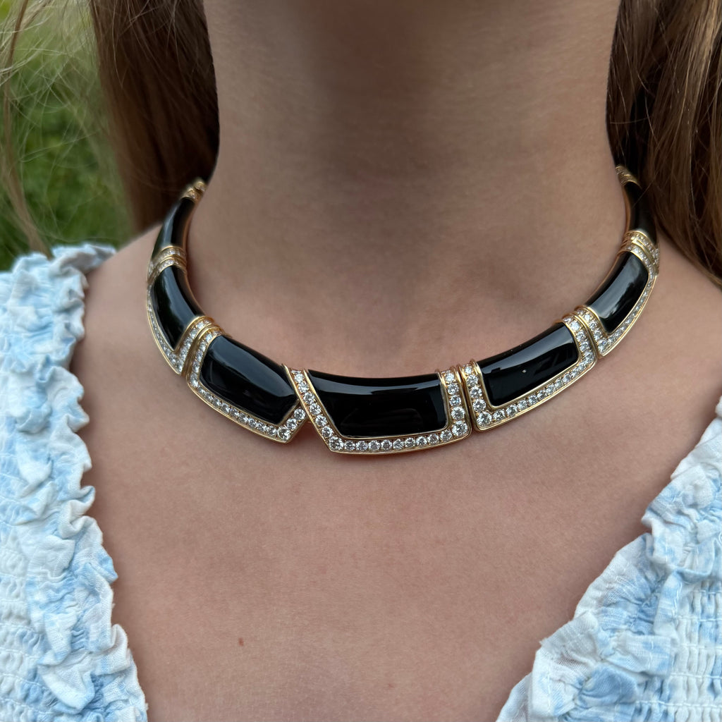 Bold 18k Yellow Gold Onyx & Diamond Choker
