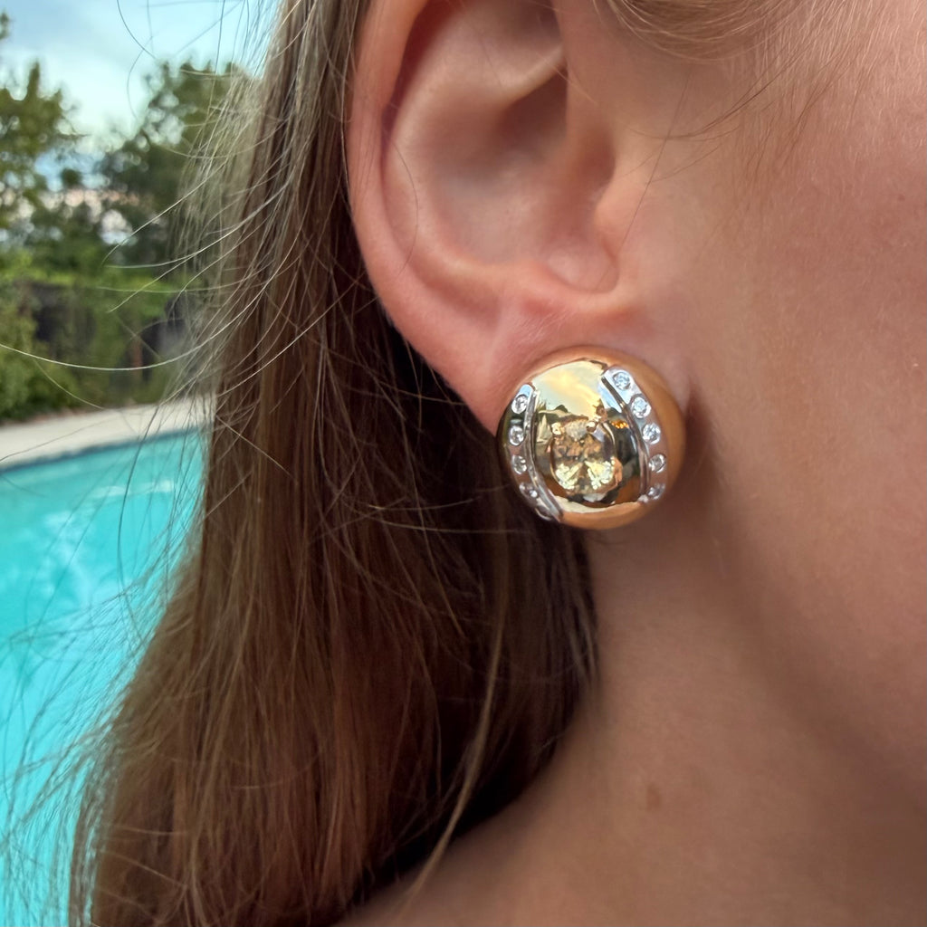 14k Yellow Gold, Sapphire & Diamond Bombe Clip Earrings