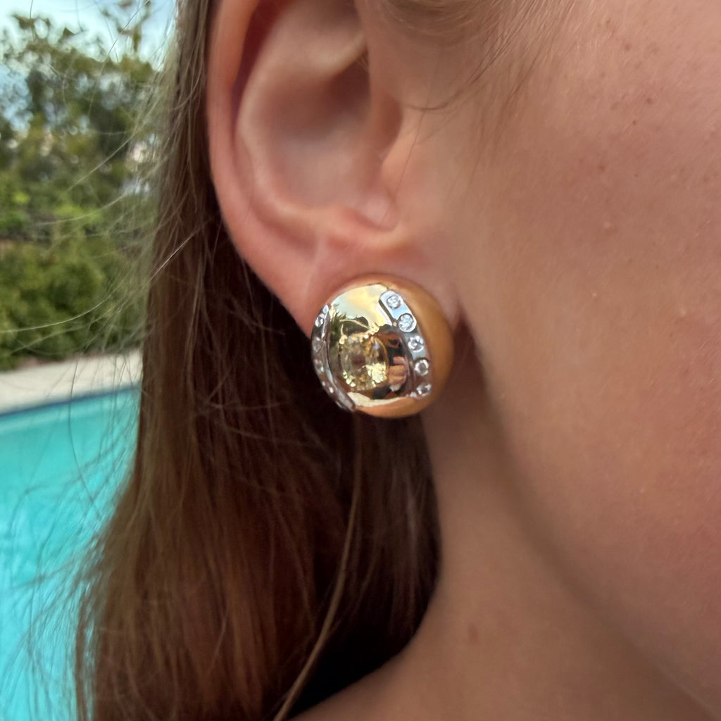 14k Yellow Gold, Sapphire & Diamond Bombe Clip Earrings