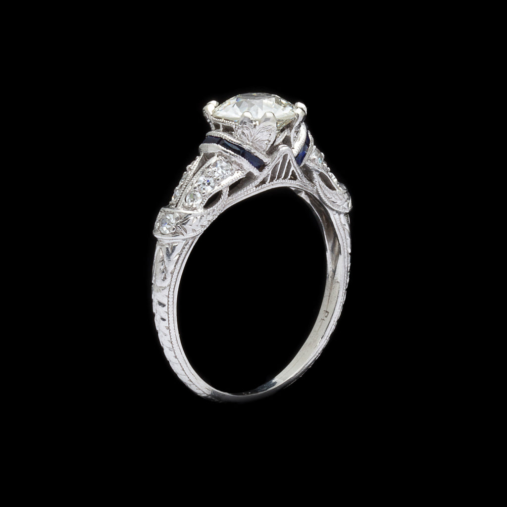 Hand Engraved Estate Diamond & Sapphire Engagement Ring