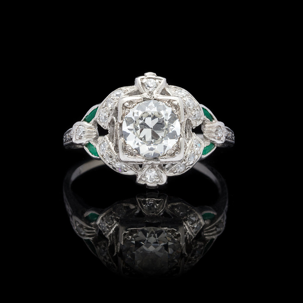 Art Deco Diamond Platinum Ring with Emerald Accents