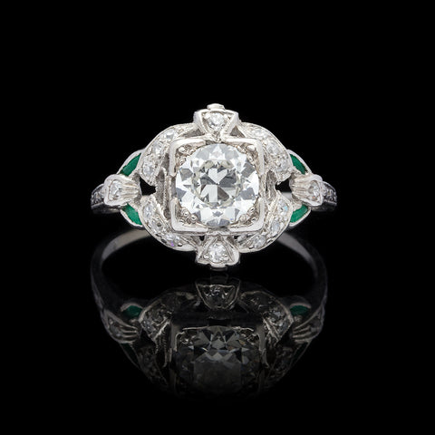 Art Deco Diamond Platinum Ring with Emerald Accents