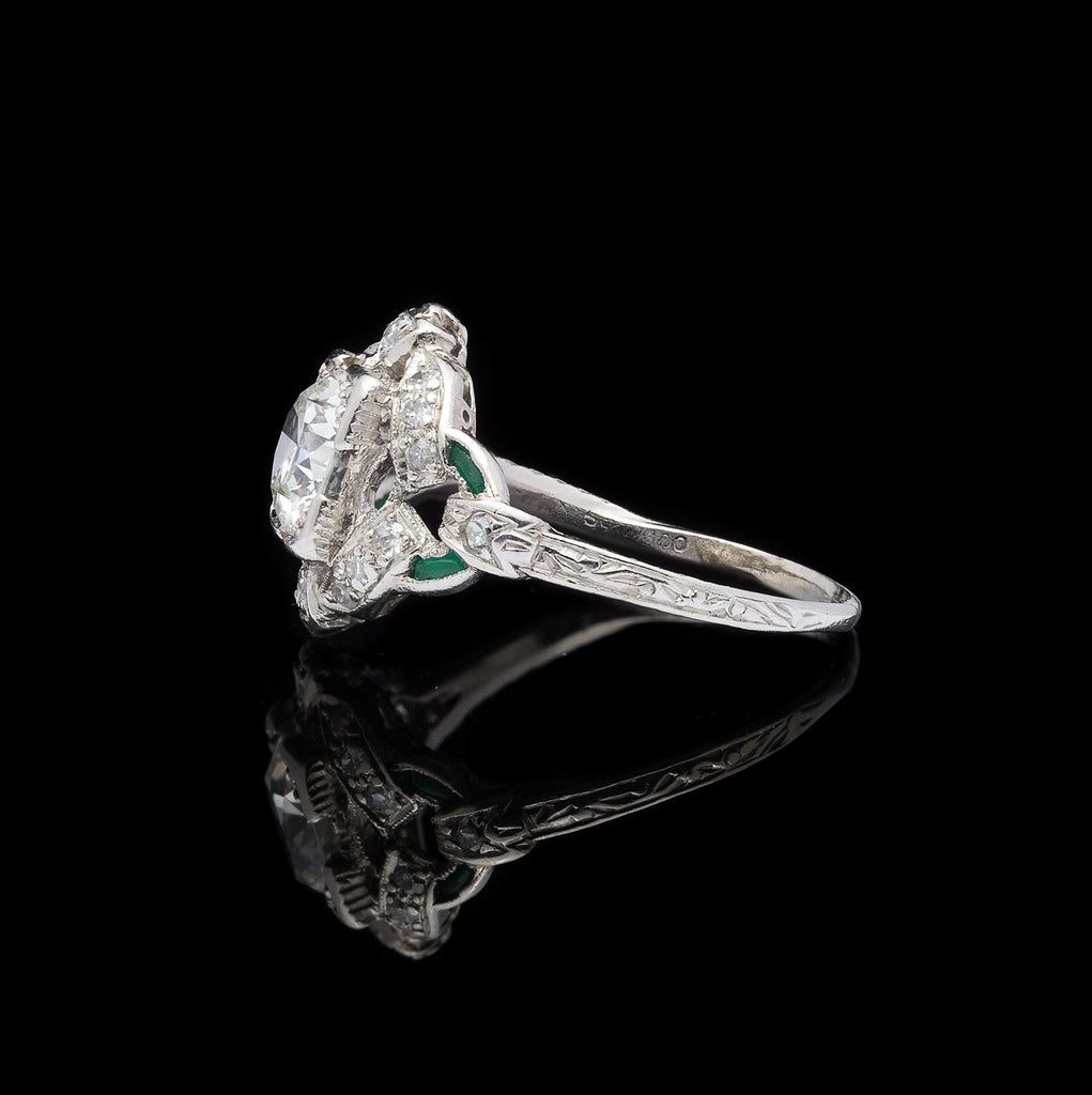 Art Deco Diamond Platinum Ring with Emerald Accents