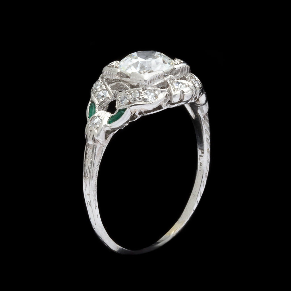 Art Deco Diamond Platinum Ring with Emerald Accents