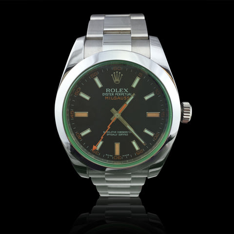 Rolex Milgauss Stainless Steel Black Dial Green Crystal Wristwatch