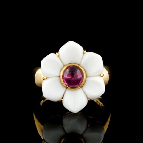 Carved White Flower & Tourmaline Ring
