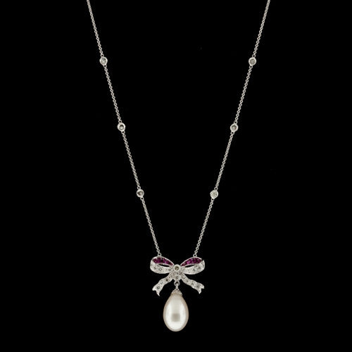 Diamond, Ruby & Pearl Bow Necklace