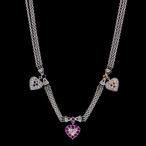 Tri-Color Sapphire, Diamond Heart Charm Necklace