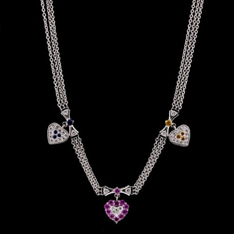 Tri-Color Sapphire, Diamond Heart Charm Necklace
