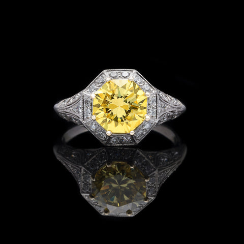 Exceptional GIA Fancy Intense Yellow Diamond in French Platinum Ring