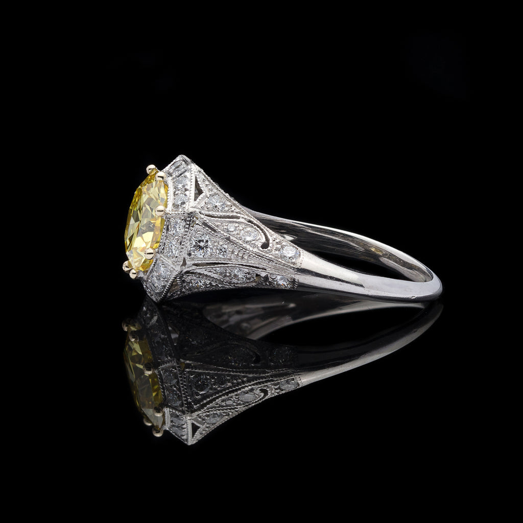 Exceptional GIA Fancy Intense Yellow Diamond in French Platinum Ring