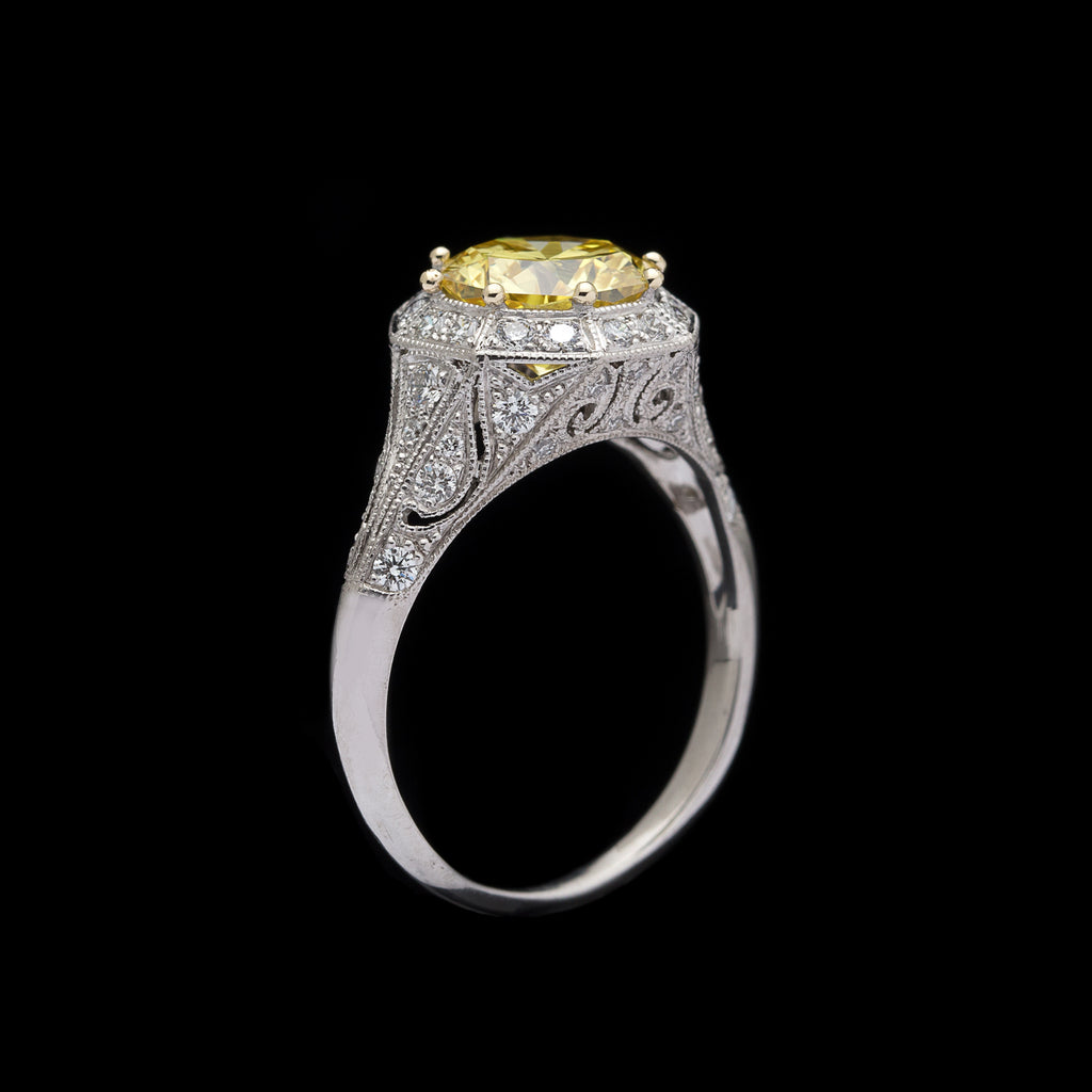 Exceptional GIA Fancy Intense Yellow Diamond in French Platinum Ring