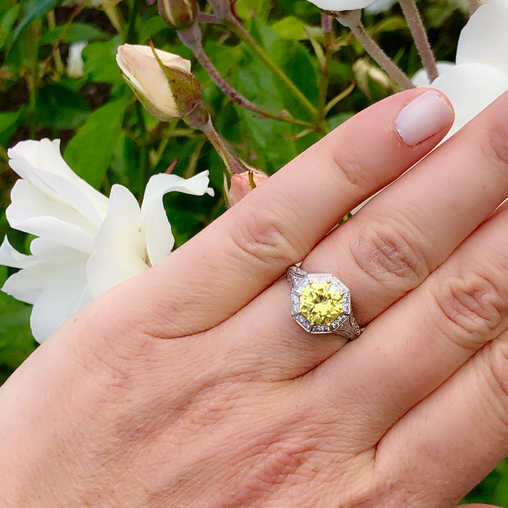 Exceptional GIA Fancy Intense Yellow Diamond in French Platinum Ring