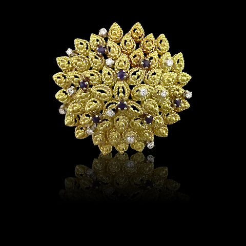 Retro Style Sapphire & Diamond 18k Yellow Gold Florette Brooch, circa 1980s