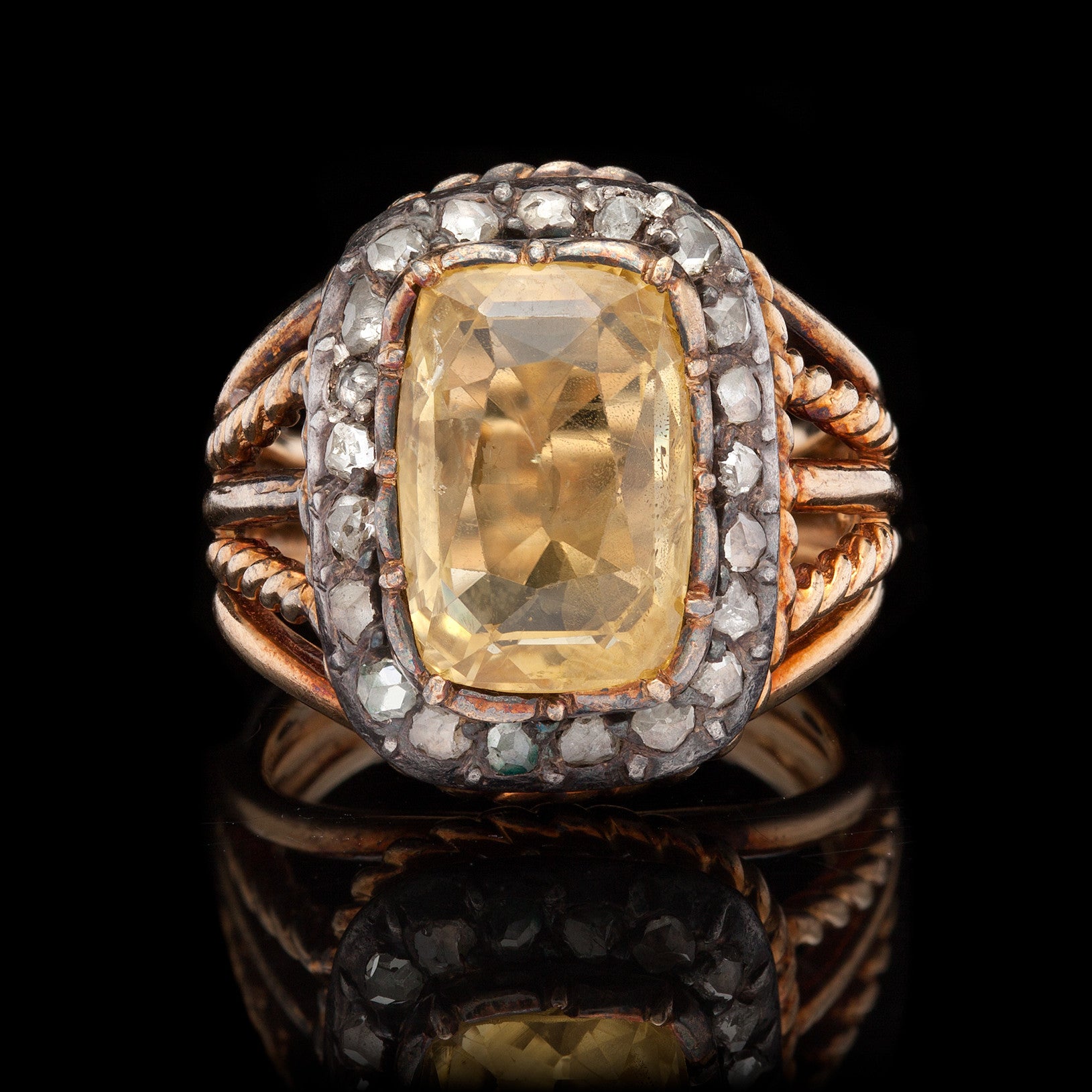Antique Yellow Sapphire and Diamond 14Kt Ring 66mint Fine Estate Jewelry