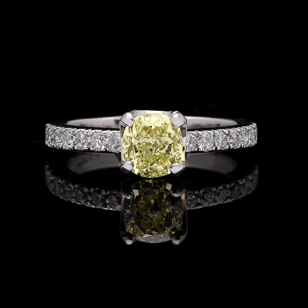 GIA 1.07-ct Fancy Light Greenish Yellow Cushion Diamond Ring