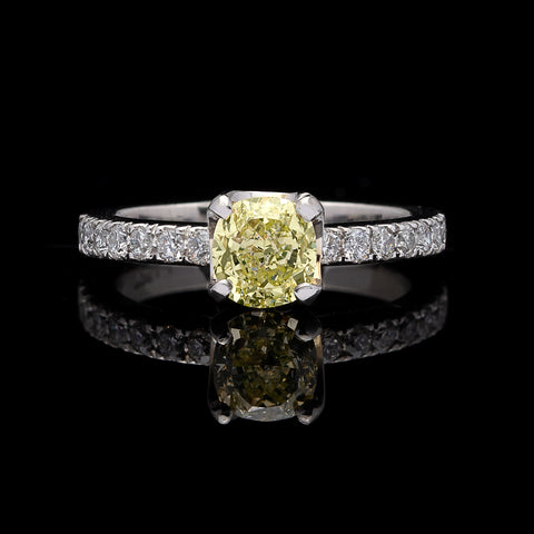 GIA 1.07-ct Fancy Light Greenish Yellow Cushion Diamond Ring