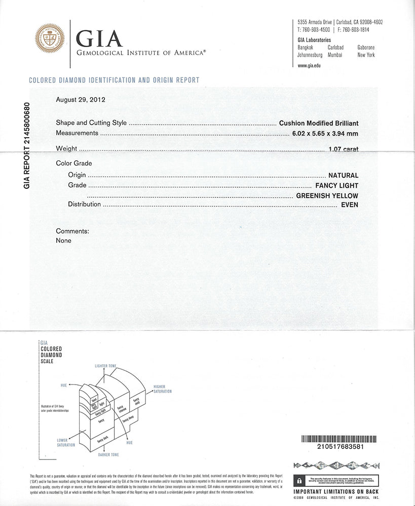 GIA 1.07-ct Fancy Light Greenish Yellow Cushion Diamond Ring