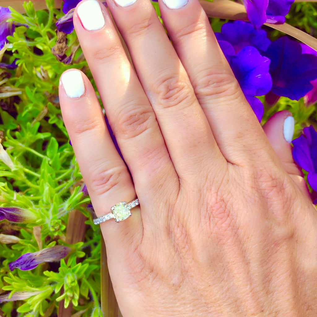 GIA 1.07-ct Fancy Light Greenish Yellow Cushion Diamond Ring