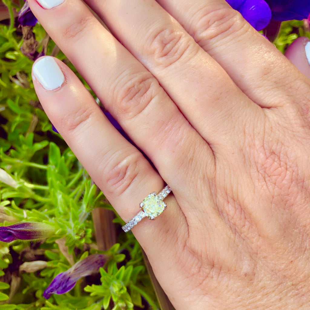 GIA 1.07-ct Fancy Light Greenish Yellow Cushion Diamond Ring