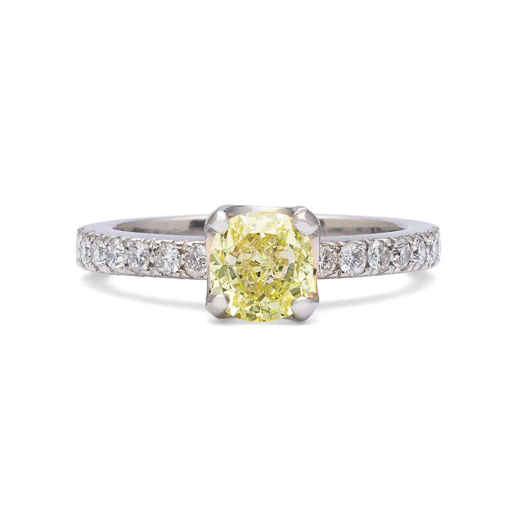 GIA 1.07-ct Fancy Light Greenish Yellow Cushion Diamond Ring