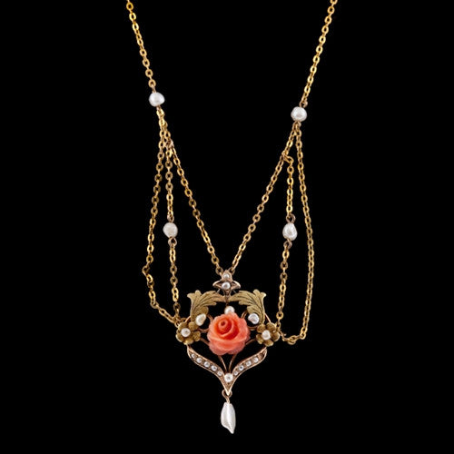 Gold, Coral, & Pearl Lavaliere Necklace