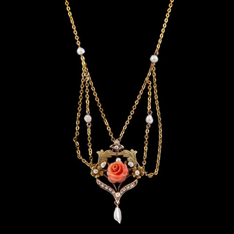 Gold, Coral, & Pearl Lavaliere Necklace