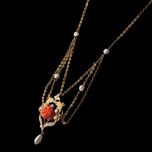 Gold, Coral, & Pearl Lavaliere Necklace
