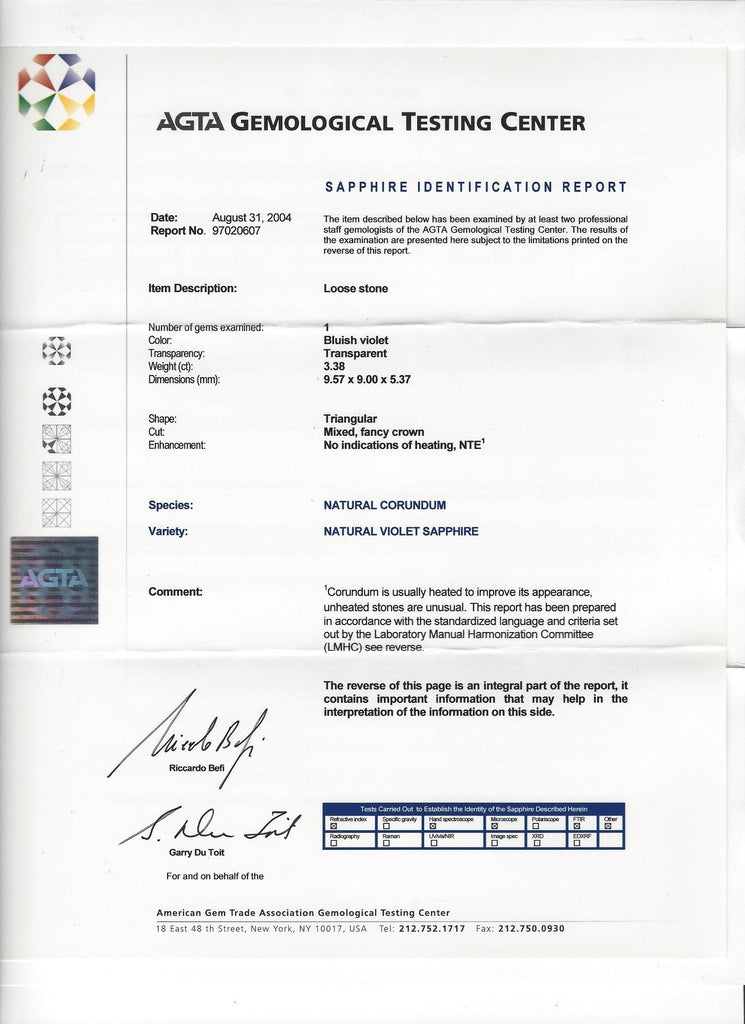 AGTA Unheated Bluish Violet Sapphire 3.38ct Ring