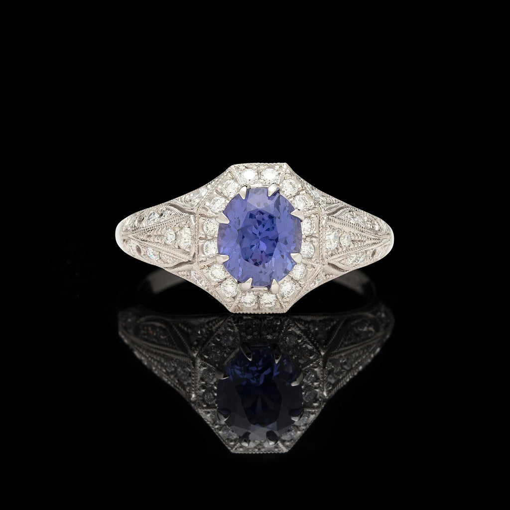 Custom Platinum Ring Featuring Unheated Blueish Violet Sapphire