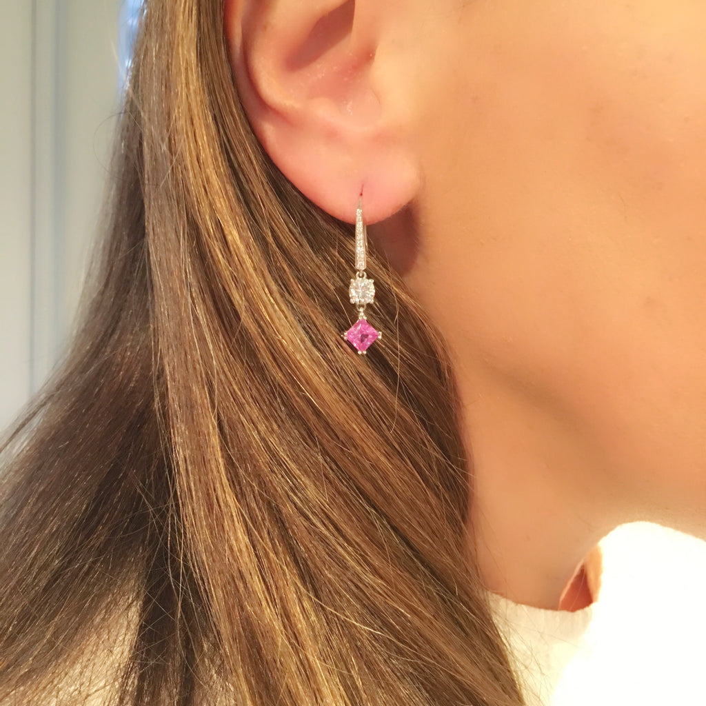 GIA 2.33ct tw Purplish-Pink Sapphire & Diamond Gold Drop Earrings