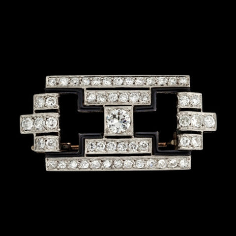 Deco Platinum Diamond & Onyx Brooch