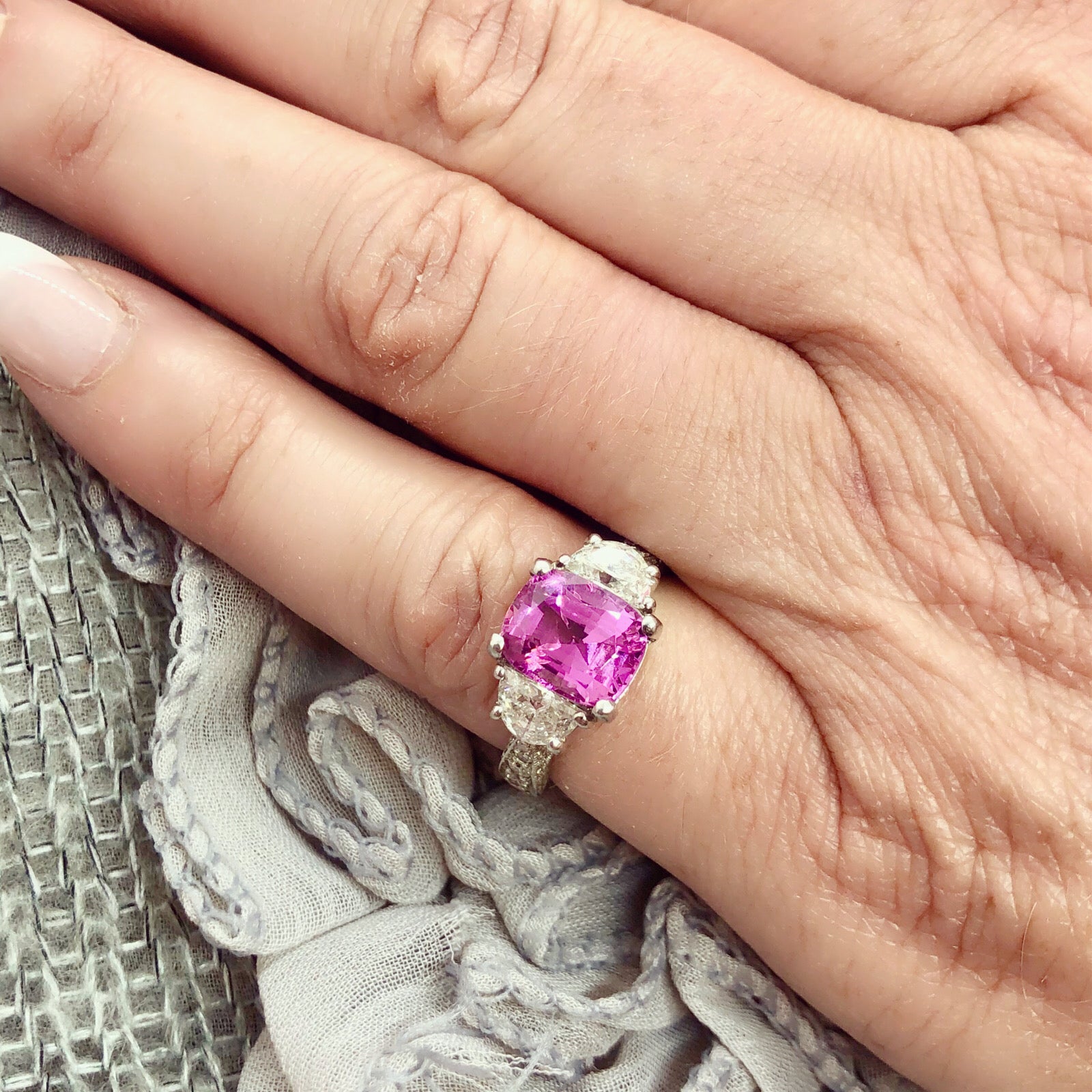 Radiant Light Pink Sapphire engagement ring unique two tone gold ring  trillion cut moissanite diamond ring antique anniversary bridal ring