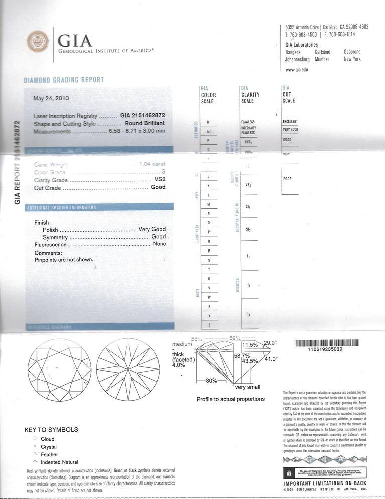 GIA 1.04ct G/VS2 Round Brilliant Diamond Platinum Ring