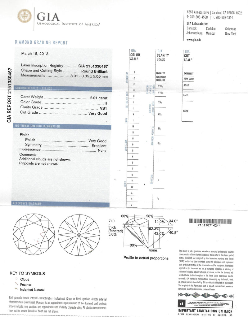 GIA 2.01ct  H/VS1 Round Brilliant Cut Diamond Platinum Ring